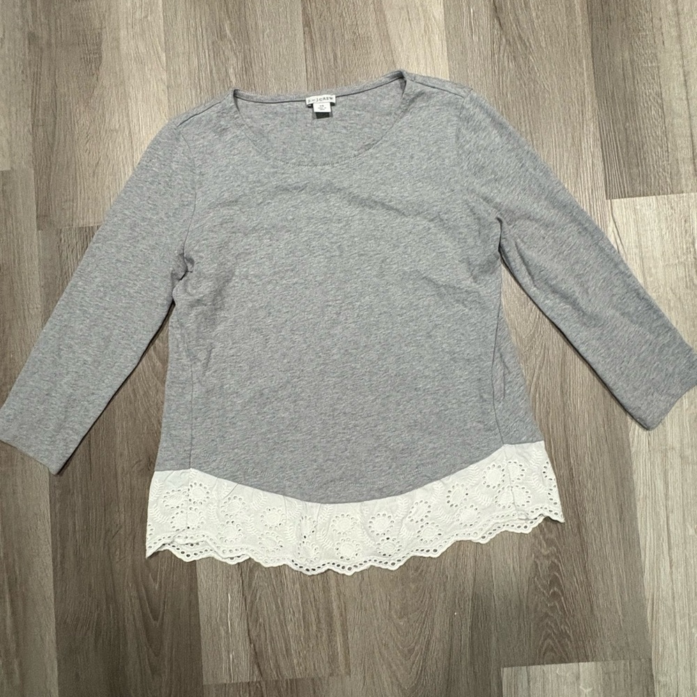 J. Crew Gray Top with White Lace Hem